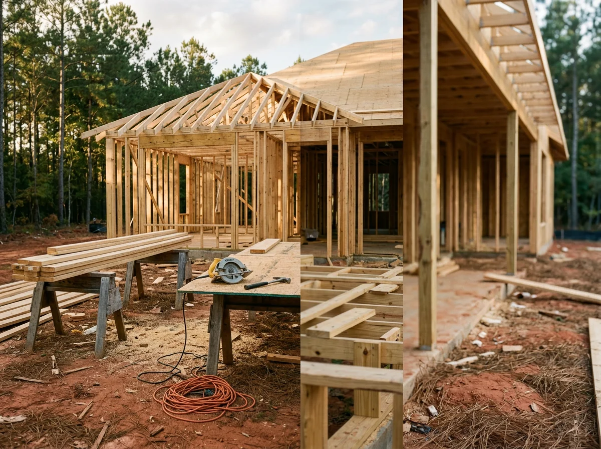 Exterior view of a residential construction site with framing, lumber, and hand tools staged for a building project. The scene shows no people.