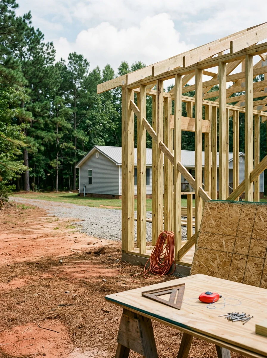 Framed walls of a detached workshop being built alongside a residential home on a rural Coffee County lot near Broxton, Georgia.