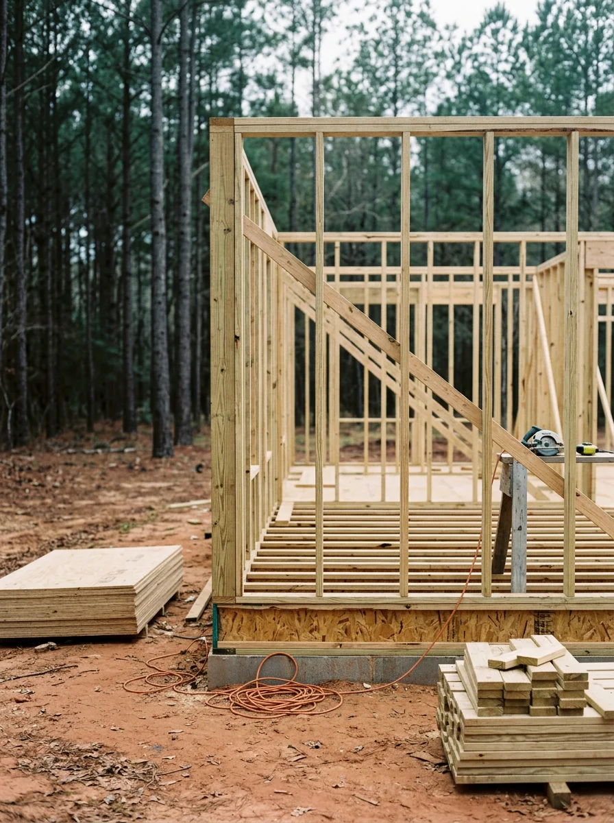 Framed walls of a custom home on a rural acreage lot outside Douglas, Coffee County, Georgia, with pine trees in the background.
