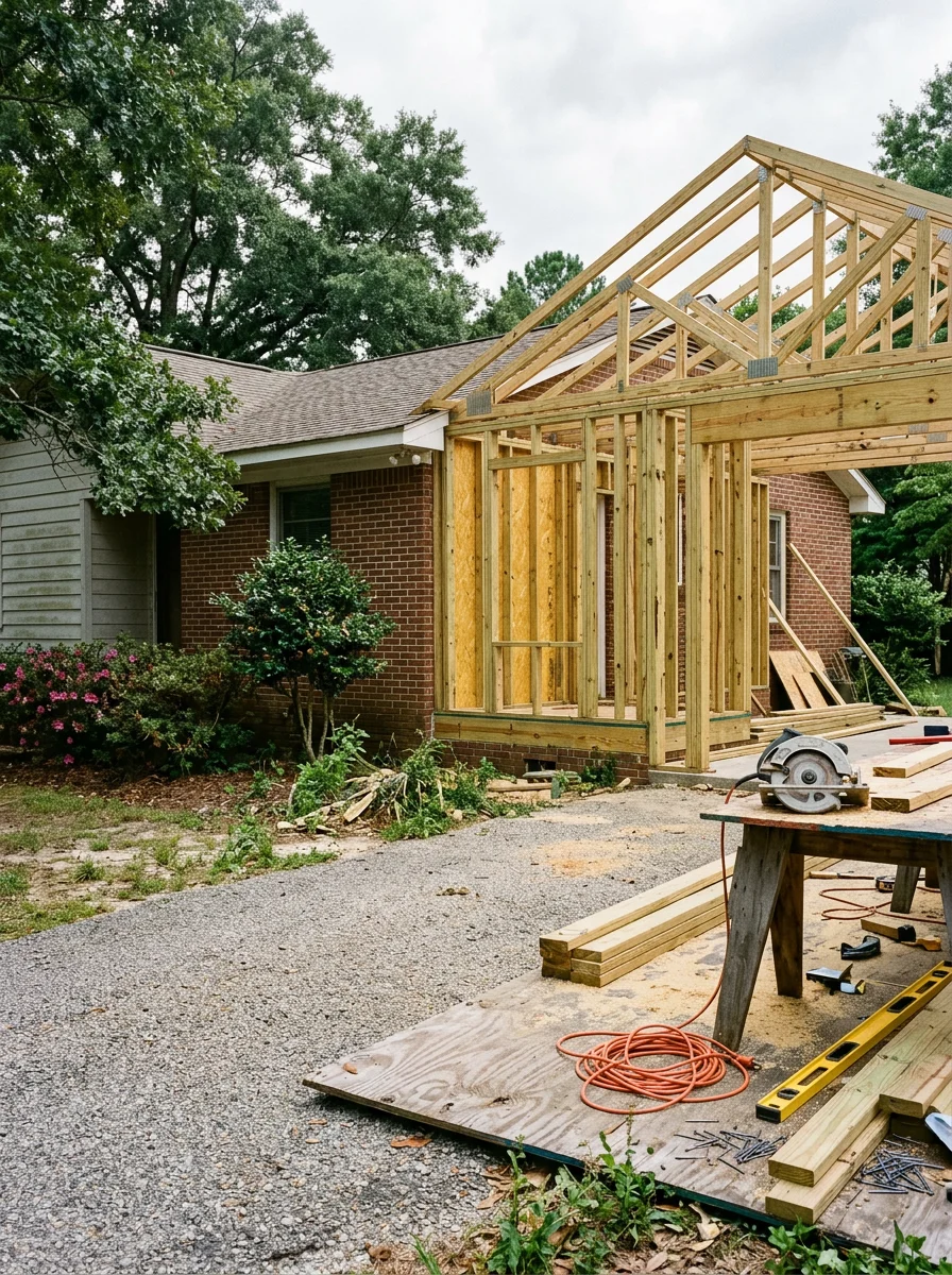 A home addition framed onto a midcentury ranch-style home in an established Dublin, Georgia neighborhood near Highland Avenue.