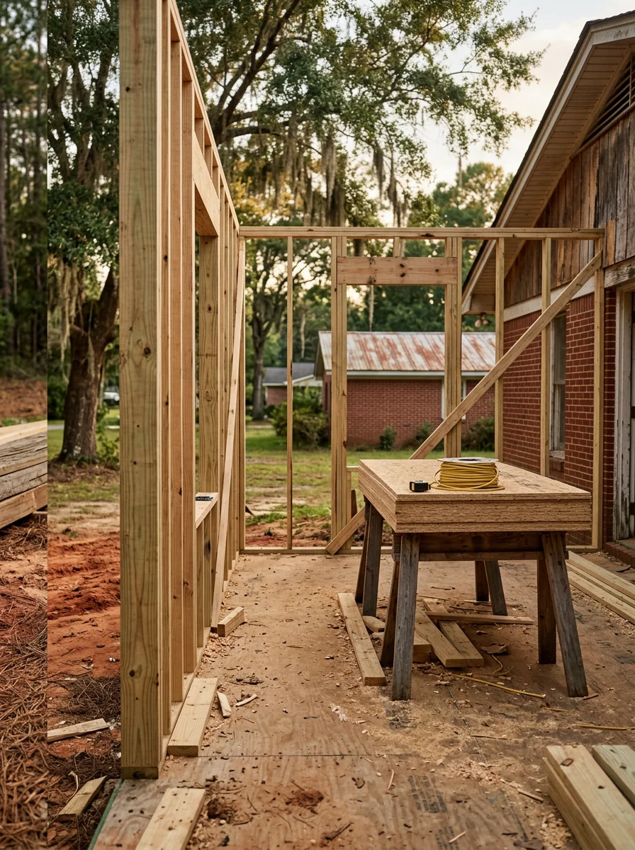 Framed walls of a home addition project on a ranch-style property in Eastman, Dodge County, Georgia.
