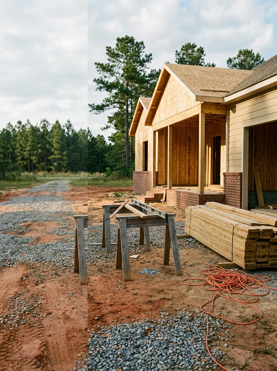 A custom home under construction on a rural acreage lot near Fitzgerald, Ben Hill County, Georgia, with flat South Georgia terrain in the background.