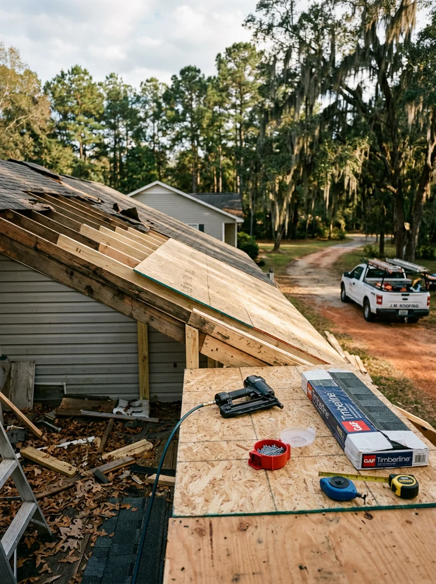 Storm-damaged roof framing being repaired on a residential home in Hazlehurst, Jeff Davis County, Georgia, following severe weather damage.