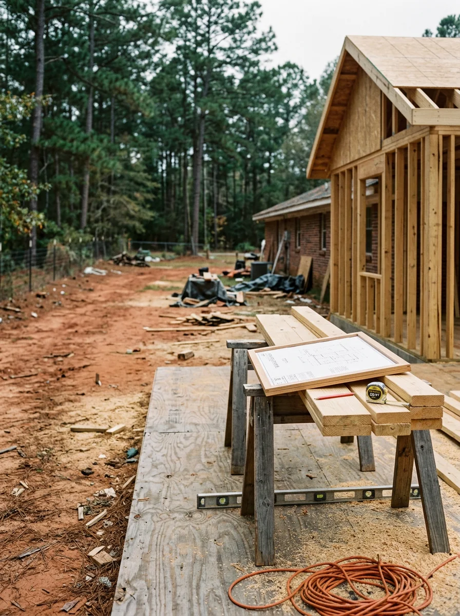 Close-up of a general contractor reviewing construction plans at a home addition project site in McRae, Telfair County, Georgia.