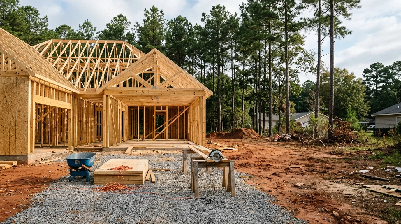 A newly framed custom home under construction on a large residential lot in McRae-Helena, Georgia, with pine trees visible in the background.