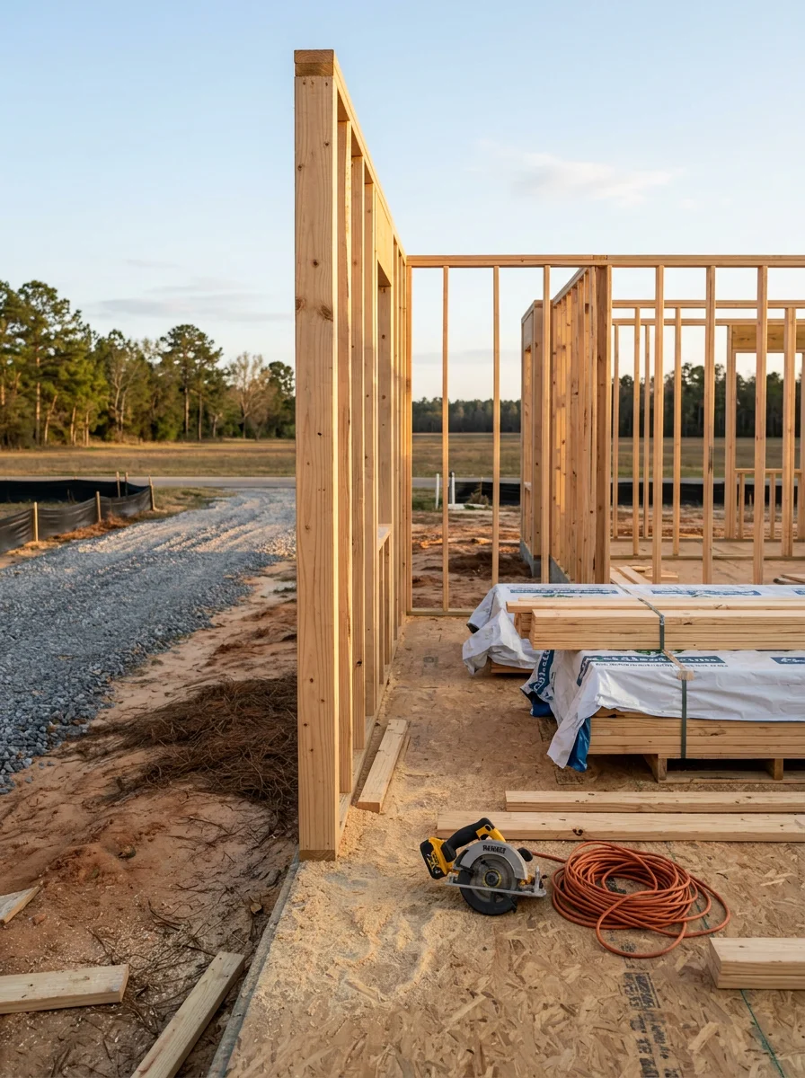 Framed walls of a new custom home on a subdivided lot in Vidalia, Toombs County, Georgia, with flat coastal plain terrain visible.