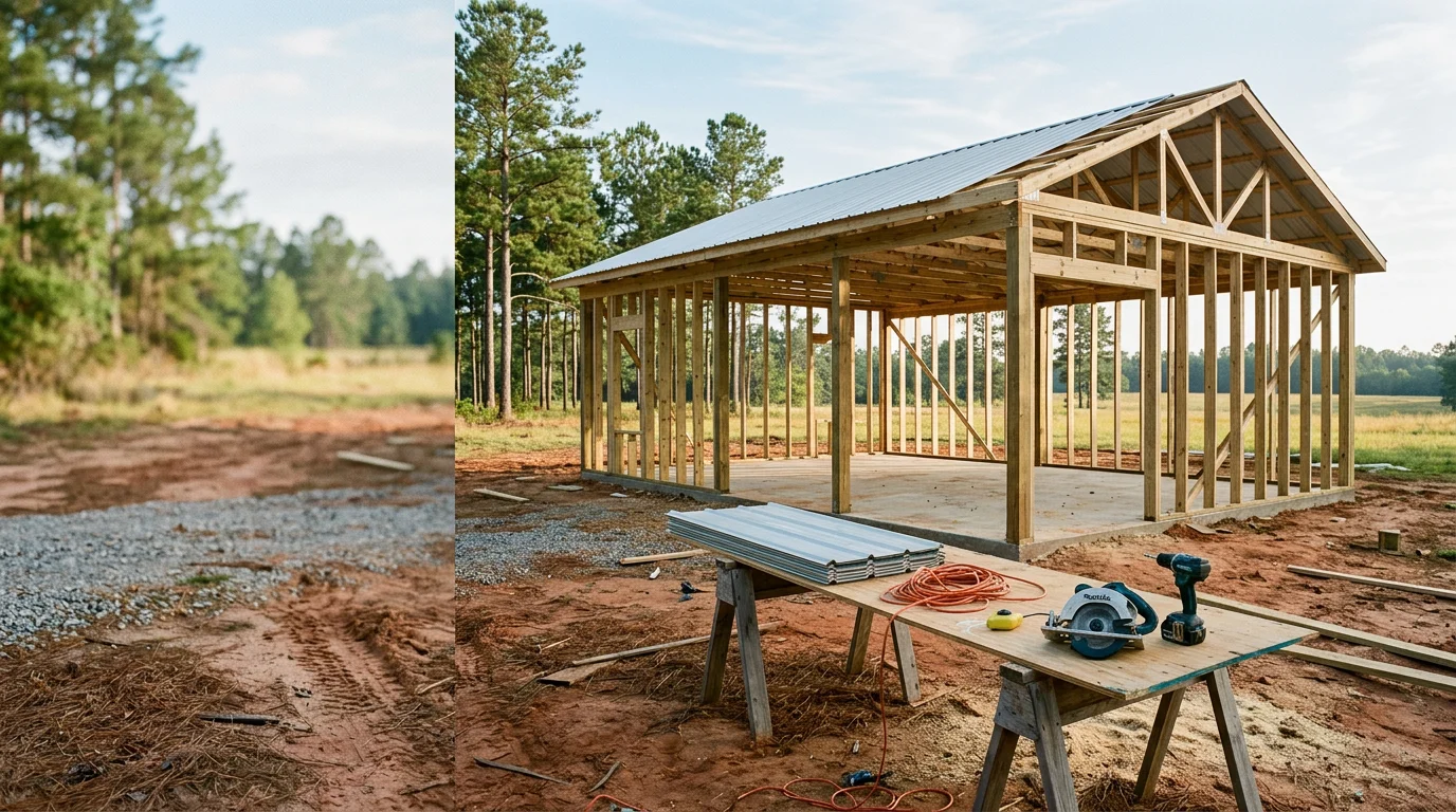 A newly constructed detached accessory building on a rural residential property in McRae, Georgia, with a clear-span interior suited for storage or workshop use. The structure sits on a concrete slab with a pitched roof against a South Georgia landscape.