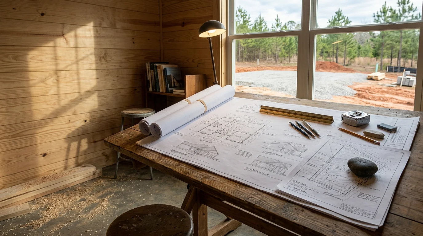 A residential building design floor plan laid flat on a work surface with a rural South Georgia lot visible through a window in the background. A construction professional reviews the plan documents in preparation for a new home build in the McRae, Georgia area.