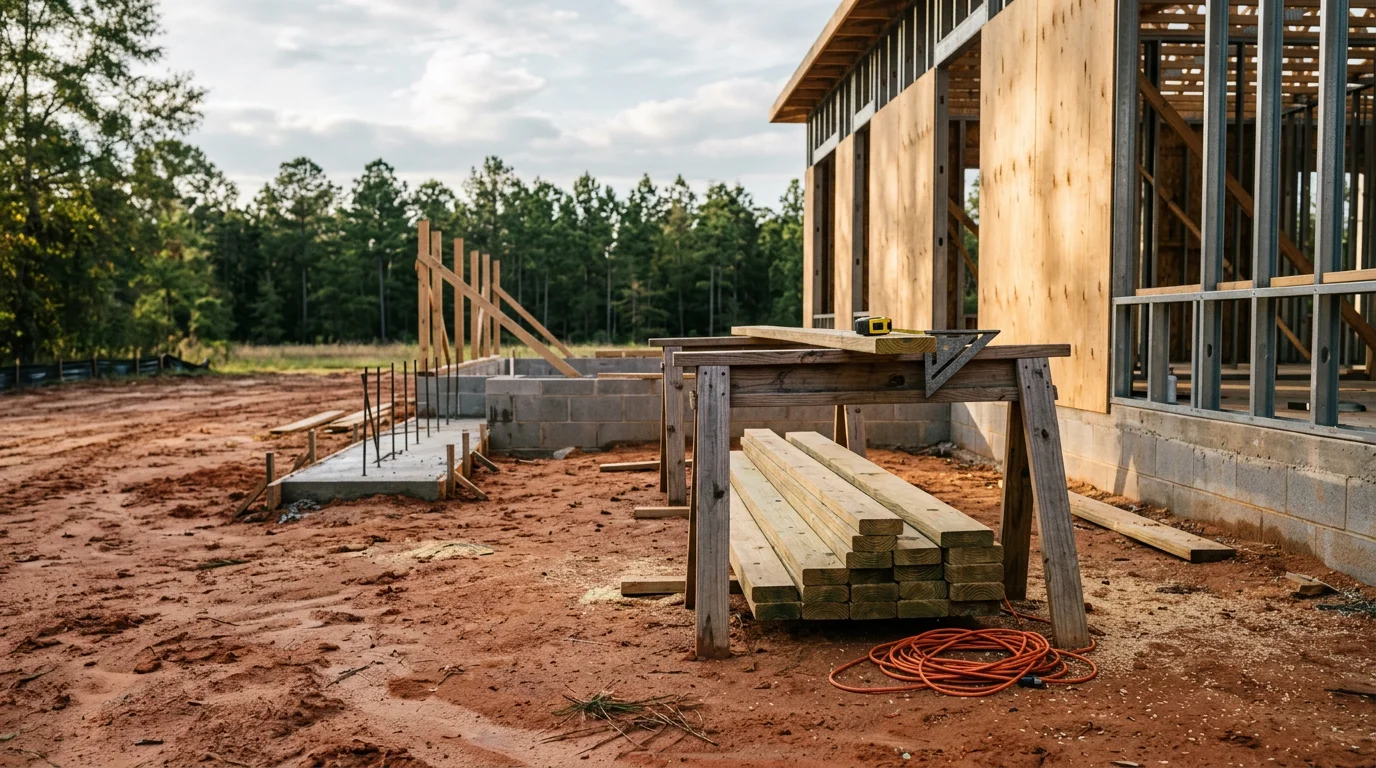 A commercial building under construction in McRae, Georgia, with structural framing visible and a clear South Georgia sky overhead. PadgettQuality Construction Inc crew working on a ground-up commercial project in Telfair County.