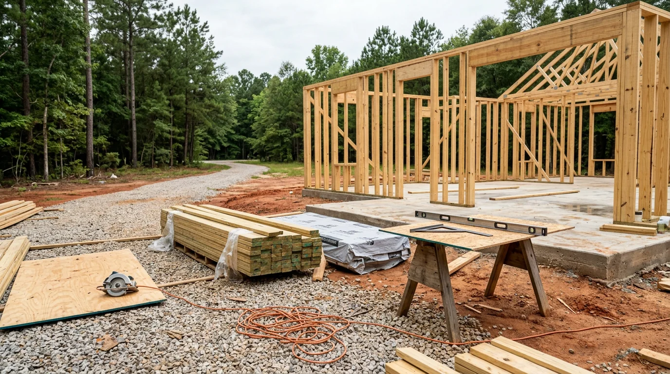 A newly framed residential structure under construction on a cleared lot in McRae, Georgia, with roof trusses in place and South Georgia pine trees visible in the background. A general building construction project in Telfair County showing foundation, framing, and early exterior work in progress.