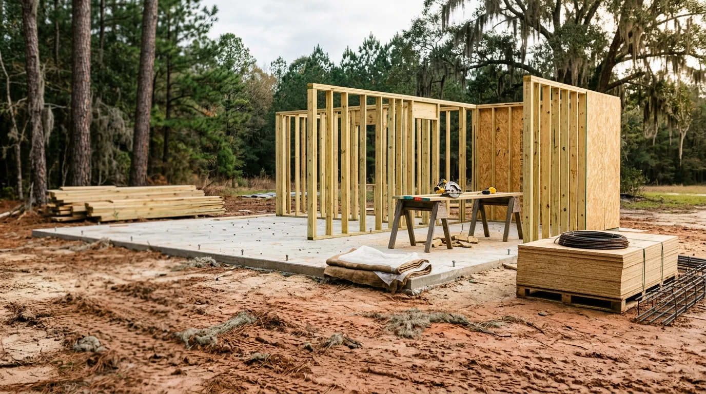 General construction project underway in McRae, Georgia, showing framed structure and active work site in a Telfair County residential area. Licensed construction crew from PadgettQuality Construction Inc working on a new build in south Georgia.