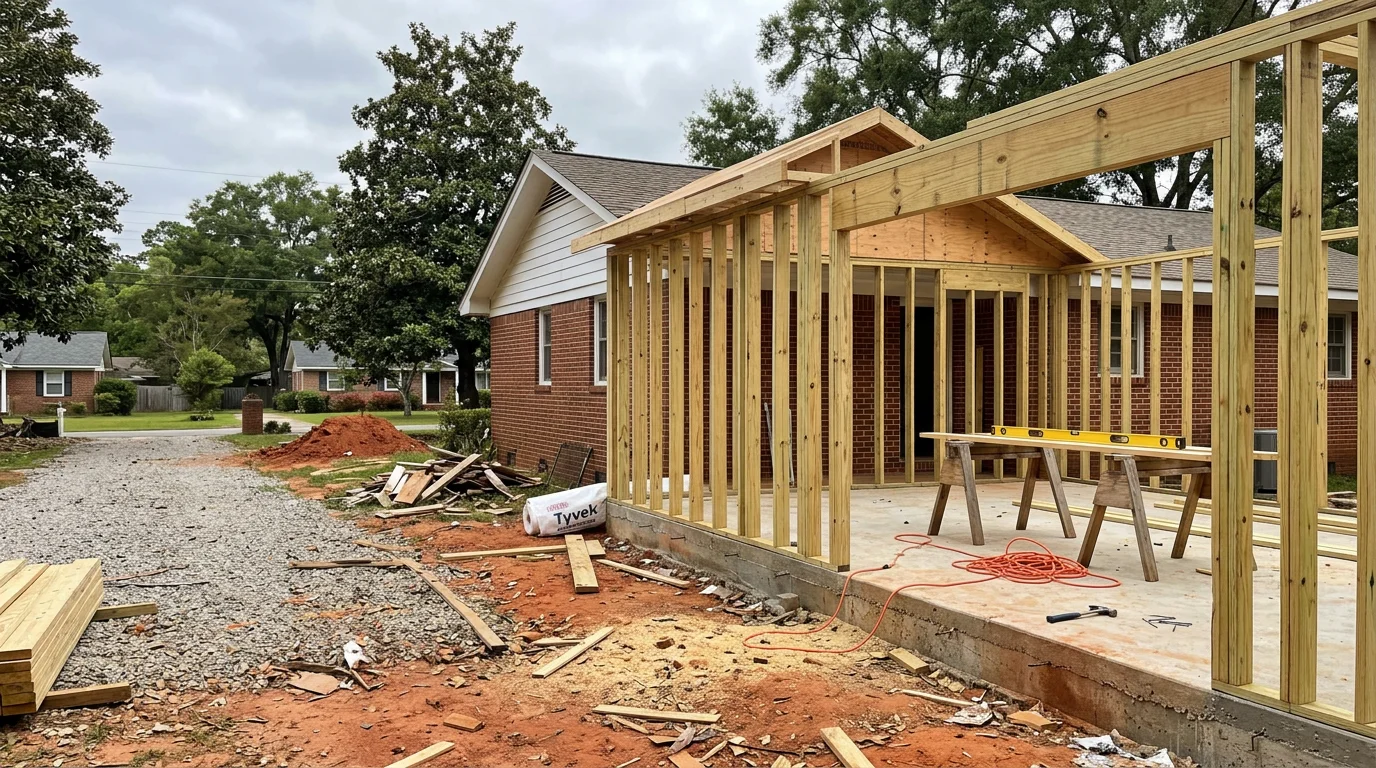 A newly completed home addition in McRae, Georgia showing matched exterior siding, a tied-in roofline, and new windows that blend with the original single-story house. The addition extends the rear of the home with a visible foundation and fresh exterior trim.