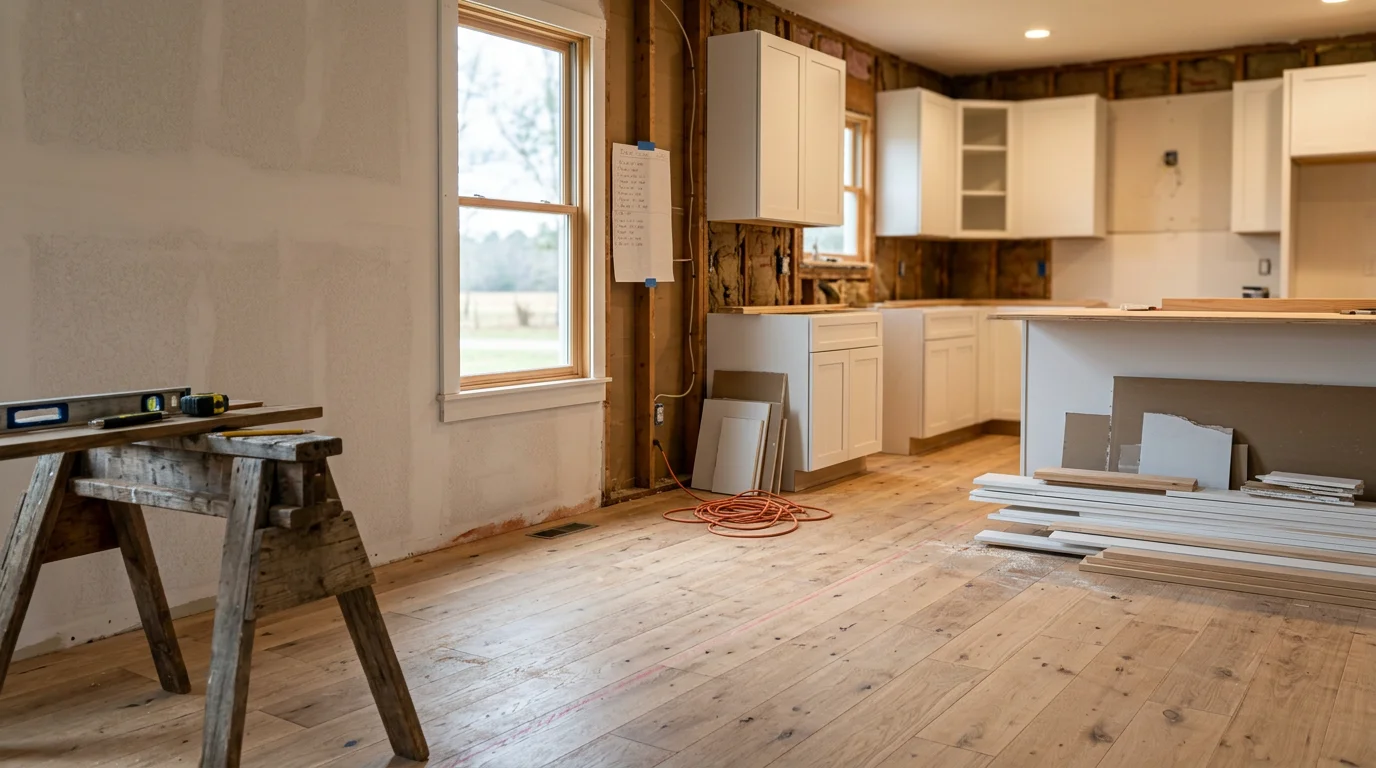 Renovated kitchen interior in a McRae, Georgia home showing updated cabinetry, new flooring, and fresh drywall completed by PadgettQuality Construction Inc. Wide-angle view of the finished space with natural light from a window above the sink area.